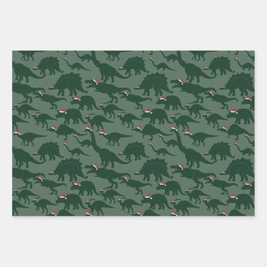 おもしろい&お洒落クリスマスホリデーグリーンダノス ラッピングペーパーシート (正面3)