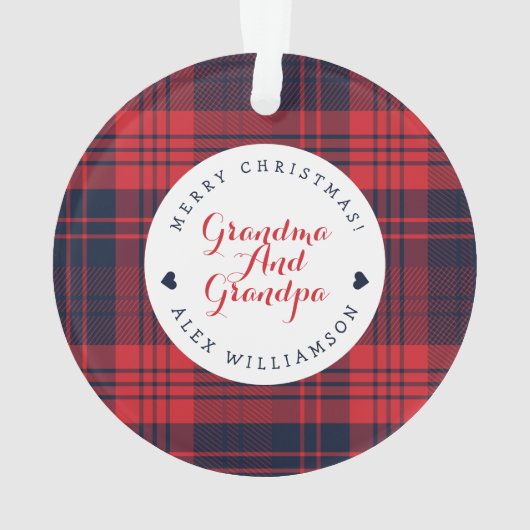 おもしろい、お祝いの赤い格子縞のサンタクロースのキャラクターの写真 オーナメント (裏面)