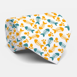 おもしろい、かわいい猫足、魚の骨柄 ネクタイ