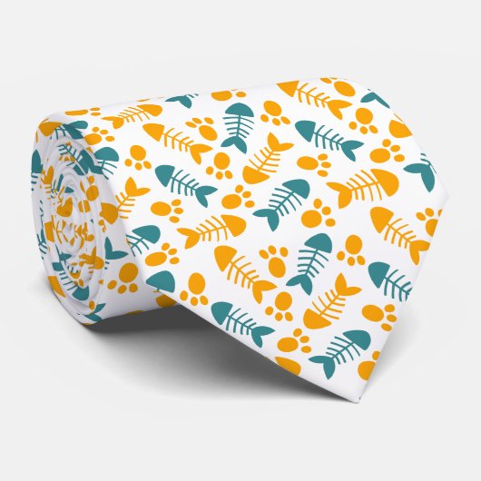 おもしろい、かわいい猫足、魚の骨柄 ネクタイ (ロール)