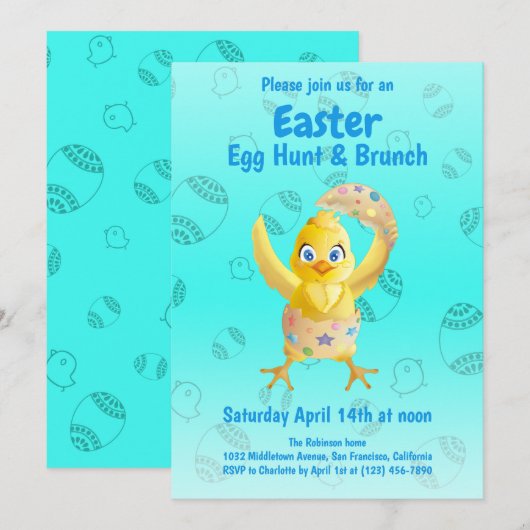 おもしろい かわいい イエローチック イースターエッグハント パーティー 招待状 (正面/裏面)