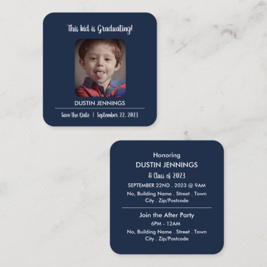 おもしろい「この子」写真卒業パーティーチケット スクエア名刺 (正面/裏面)