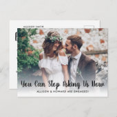 おもしろい これで質問は終わりにしよう 私たち付き合ってるのよ 結婚するの フォトエンゲージメント 案内ポストカード (正面/裏面)