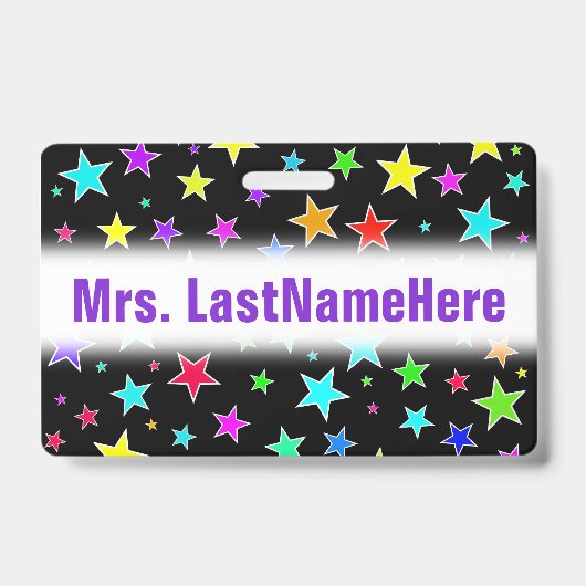おもしろい、カラフルな星パターン + カスタムな先生の名前 バッジ (Front)