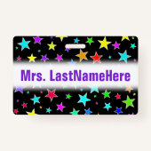 おもしろい、カラフルな星パターン + カスタムな先生の名前 バッジ (正面)