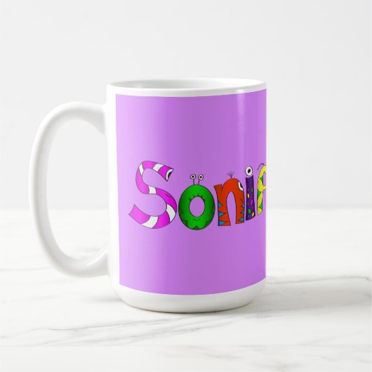 おもしろい、カラフル漫画の文字 |ソニア コーヒーマグカップ (左)