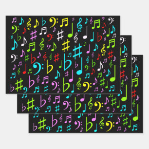 おもしろい、カラフル音符、記号のパターン ラッピングペーパーシート