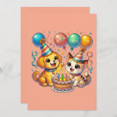 おもしろい&カワイバースデーパピー&キットンパーティー 招待状 (正面/裏面)