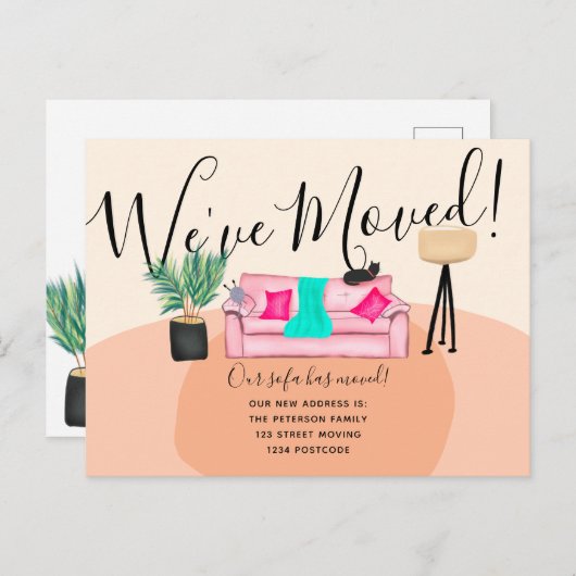 おもしろい·キャット·ソファ·イラストレーションの引っ越し案内 案内ポストカード (正面/裏面)