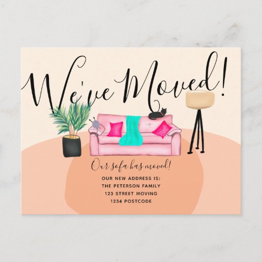 おもしろい·キャット·ソファ·イラストレーションの引っ越し案内 案内ポストカード (正面)