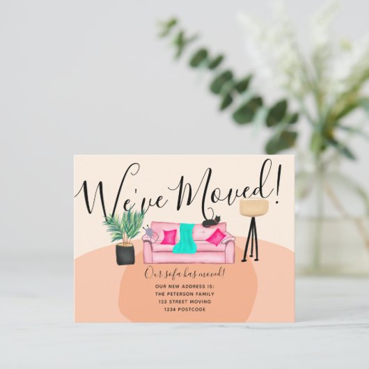 おもしろい·キャット·ソファ·イラストレーションの引っ越し案内 案内ポストカード (スタンド正面)