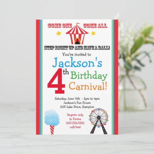 おもしろい&ゲームカーニバルパーティの招待状(プライマリ) 招待状 (スタンド正面)