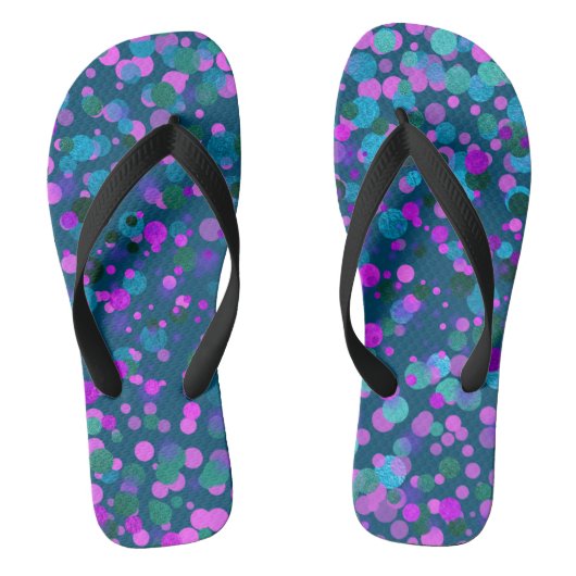 おもしろい、シックな青い紫のピンクの紙吹雪ドットのティール(緑がかった色) ビーチサンダル (フットベッド)