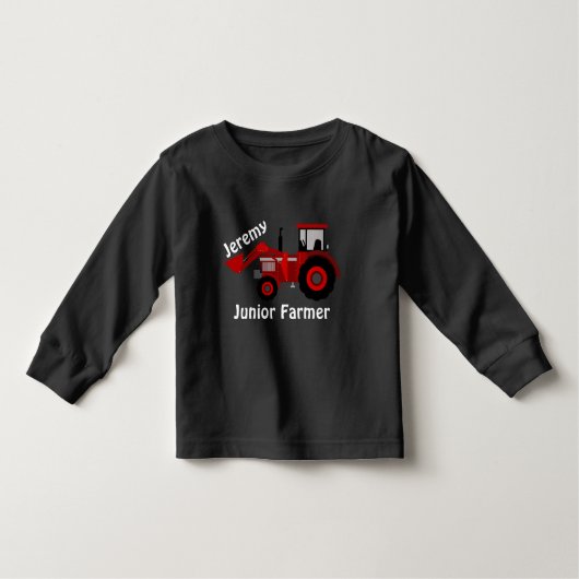 おもしろい「ジュニア農家」と「名前」レッドローダトラクタ トドラーTシャツ (正面)