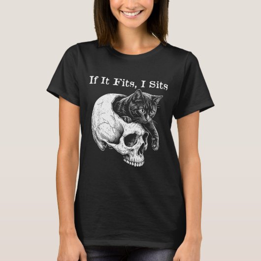 おもしろい スプーキー 猫 If I Fits I Sit ドクロ メーム Tシャツ (正面)