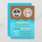 おもしろい·ツインズ、海賊テーマ誕生会 招待状 (正面/裏面)