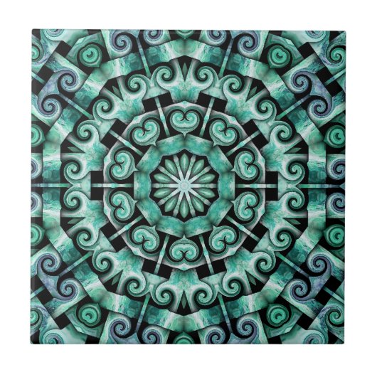 おもしろい(ティール(緑がかった色)と黒) タイル (正面)