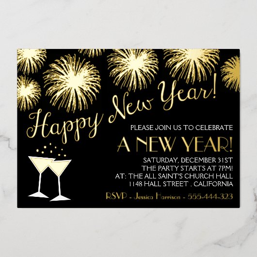 おもしろい&トレンディー新年のイブパーティー 実在 箔招待状 (正面)