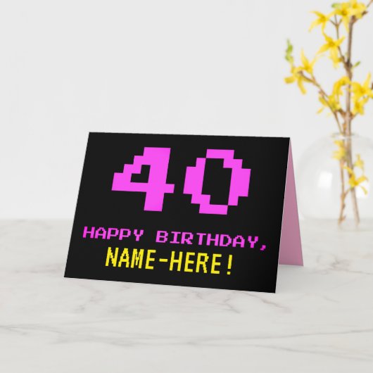 おもしろい、ネディオタク系の、スタイル、ピンク、8ビット誕生日40歳 カード (黄色い花)