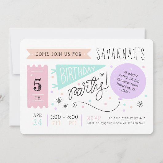 おもしろい&ハッピーパステルカラフルカーニバル子供の誕生日 招待状 (正面)