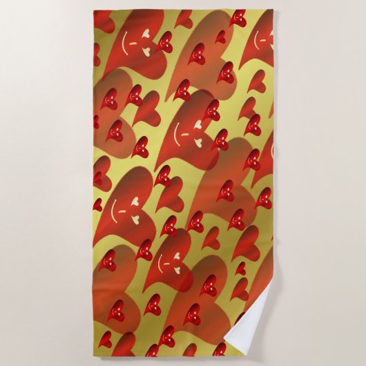 おもしろい,ハート,ハート，赤，愛，バレンタイン，光沢 ビーチタオル (正面)