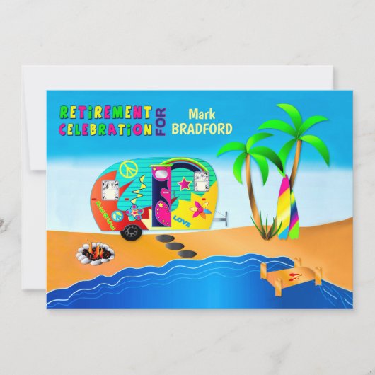 おもしろい&ヒッピーカラフルキャンパー退職金 招待状 (正面)
