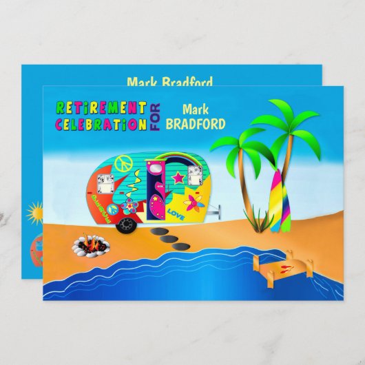 おもしろい&ヒッピーカラフルキャンパー退職金 招待状 (正面/裏面)