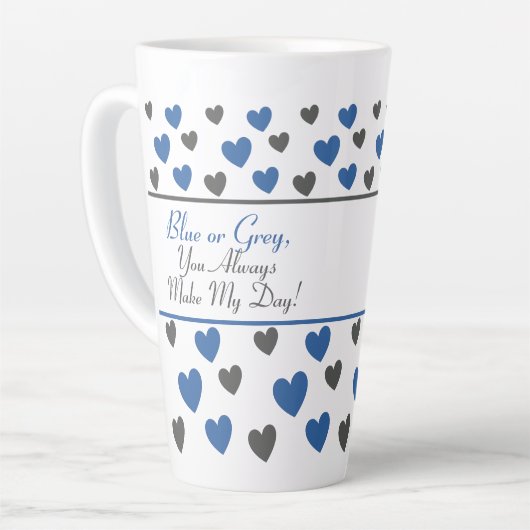 おもしろい、モダン可愛いブルーやる気を起こさせる、グレーハートアート カフェラテマグ (左アングル)