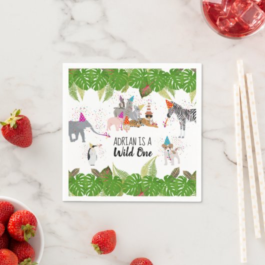おもしろい&可愛いジャングルの動物アットパーティーワイルドワン スタンダードカクテルナプキン (インサイチュ)