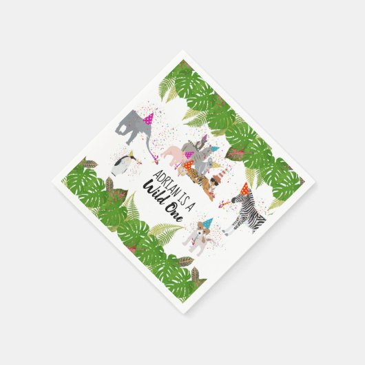 おもしろい&可愛いジャングルの動物アットパーティーワイルドワン スタンダードカクテルナプキン (角)