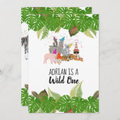 おもしろい&可愛いジャングルの動物アットパーティーワイルドワン 招待状 (正面/裏面)