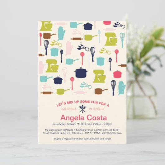 おもしろい-台所ブライダルシャワー--を混合しよう 招待状 (スタンド正面)