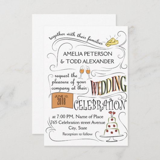 おもしろい、多彩な結婚式招待状の設計 招待状 (正面/裏面)