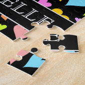 おもしろい、愛情、カラフルハートパターン+名前をカスタムする ジグソーパズル (側面)