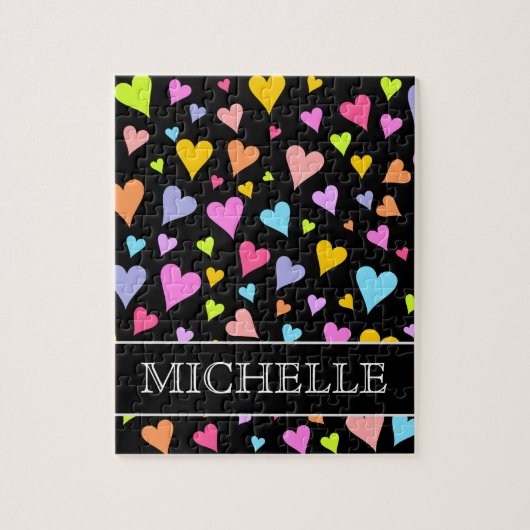おもしろい、愛情、カラフルハートパターン+名前をカスタムする ジグソーパズル (縦)