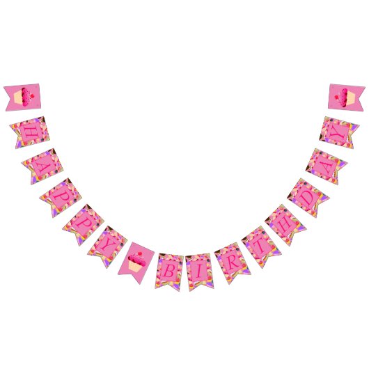 おもしろい、明るいピンクのカップケーキのハッピーバースデー バンティングフラッグ (全)