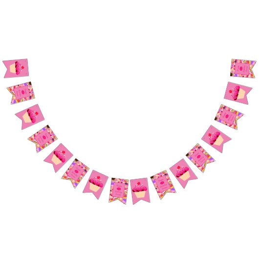 おもしろい、明るいピンクのカップケーキ年齢の誕生日 バンティングフラッグ (全)