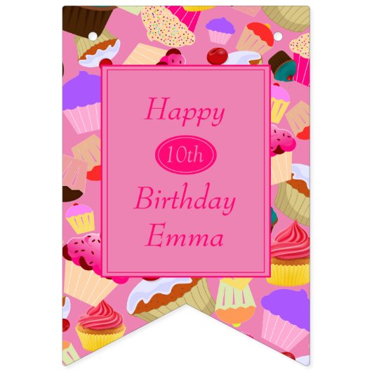 おもしろい、明るいピンクのカップケーキ年齢の誕生日 バンティングフラッグ (第2の旗)