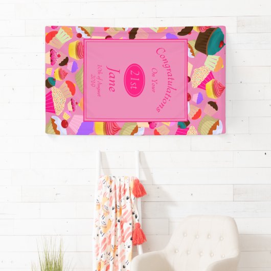 おもしろい、明るいピンクのカップケーキ年齢の誕生日 横断幕 (インサイチュ)