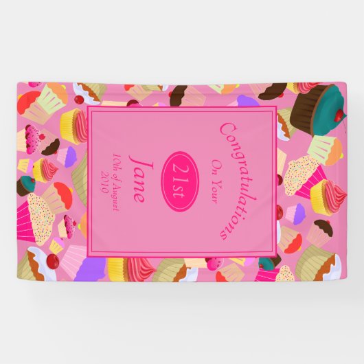 おもしろい、明るいピンクのカップケーキ年齢の誕生日 横断幕 (横)