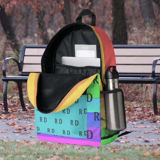 おもしろい、明るいモノグラムのレインボーカラーストライプブルー プリントバックパック