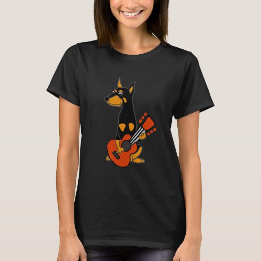 おもしろい(犬)ドーベルマン・ピンシェル遊ギター Tシャツ (正面)