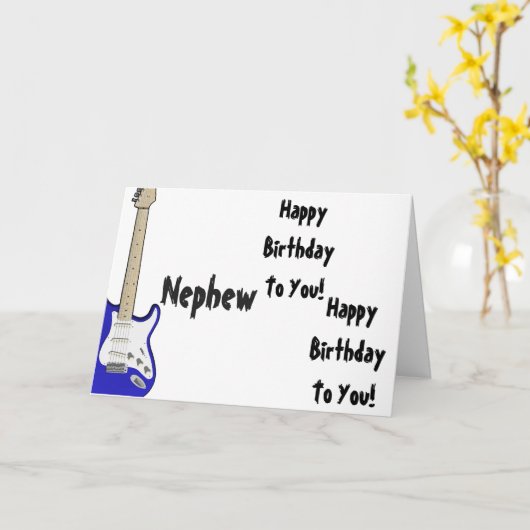 おもしろい、甥の誕生日あいさつ、ブルーギター。 カード (黄色い花)