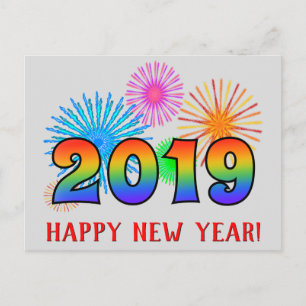 おもしろい、虹は2019年を着色します + "明けましておめでとう! " ポストカード