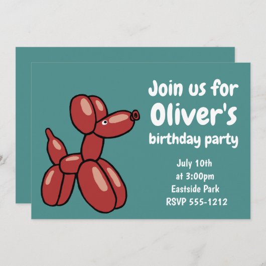 おもしろい,赤いバルーン動物の犬のデザイン 招待状 (正面/裏面)