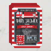 おもしろい、赤、白の消防車の少年の赤ちゃんシャワー 招待状 (正面/裏面)