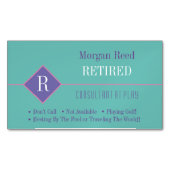 おもしろい、退職したティール(緑がかった色)と紫、DIY Gag マグネット名刺 (正面)