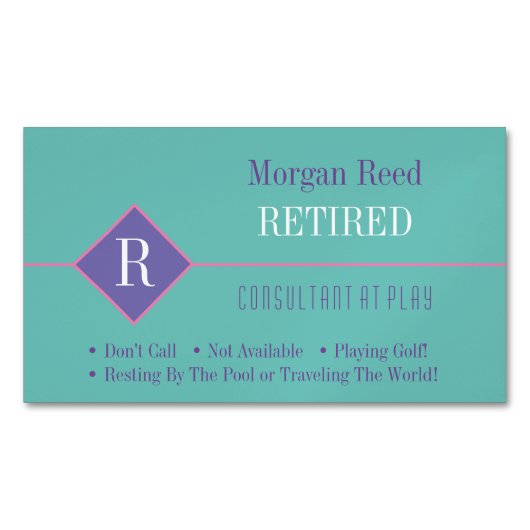 おもしろい、退職したティール（緑がかった色）と紫、DIY Gag マグネット名刺 (正面)