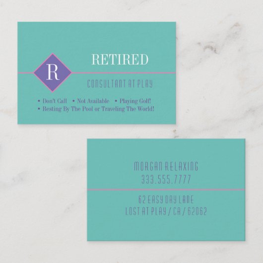 おもしろい、退職したティール(緑がかった色)と紫、DIY Gag 名刺 (正面/裏面)