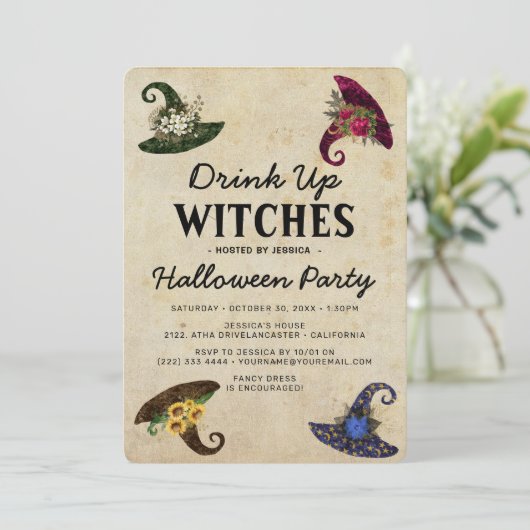 おもしろい「魔女を飲む」大人ハローウィンパーティ 招待状 (スタンド正面)